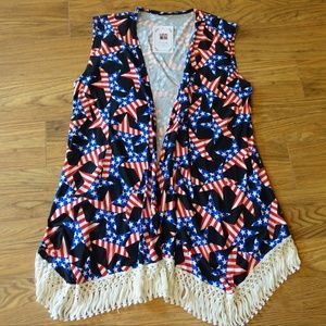 Patriotic US Flag Stars Kimono Vest Fringe Tassels